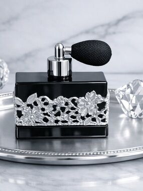 Art Deco Style Black Glass Perfume Atomizer, with ornate filigree  silver work.